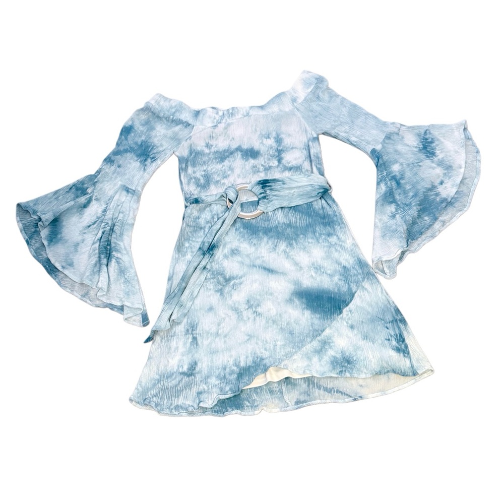 VENUS Sky Blue Tie Dye Bell Sleeve Belted Boho Mini Off Shoulder Rayon Size 6 - Picture 5 of 17